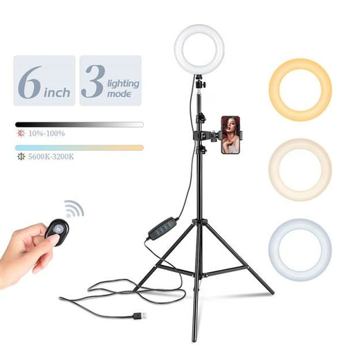 Aro de luz LED 6\" con trípode, pinza y mando Bluetooth