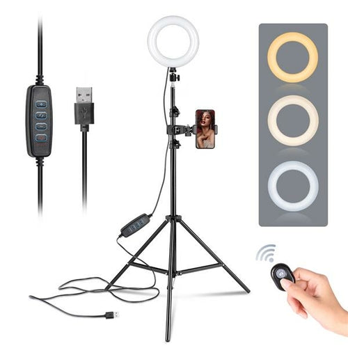 Aro de luz LED 6\" con trípode, pinza y mando Bluetooth
