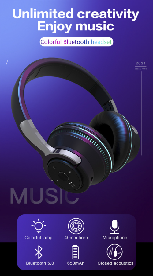 Auriculares Bluetooth inalámbricos con luces LED de colores y graves